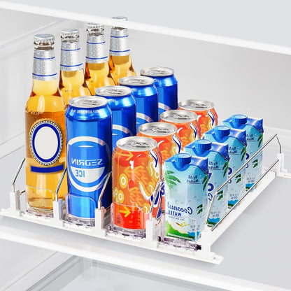 Drink Organizer for Mini Fridge, Automatic Pusher Drink Dispenser for Refrigerator, Soda Can Organizer for Beer Beverage Holds up to 12 Cans 3 Row (Depth 12.2" x Wide 9.9") White