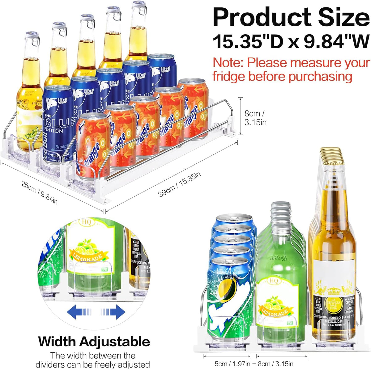 Drink Organizer for Mini Fridge, Automatic Pusher Drink Dispenser for Refrigerator, Soda Can Organizer for Beer Beverage Holds up to 12 Cans 3 Row (Depth 12.2" x Wide 9.9") White
