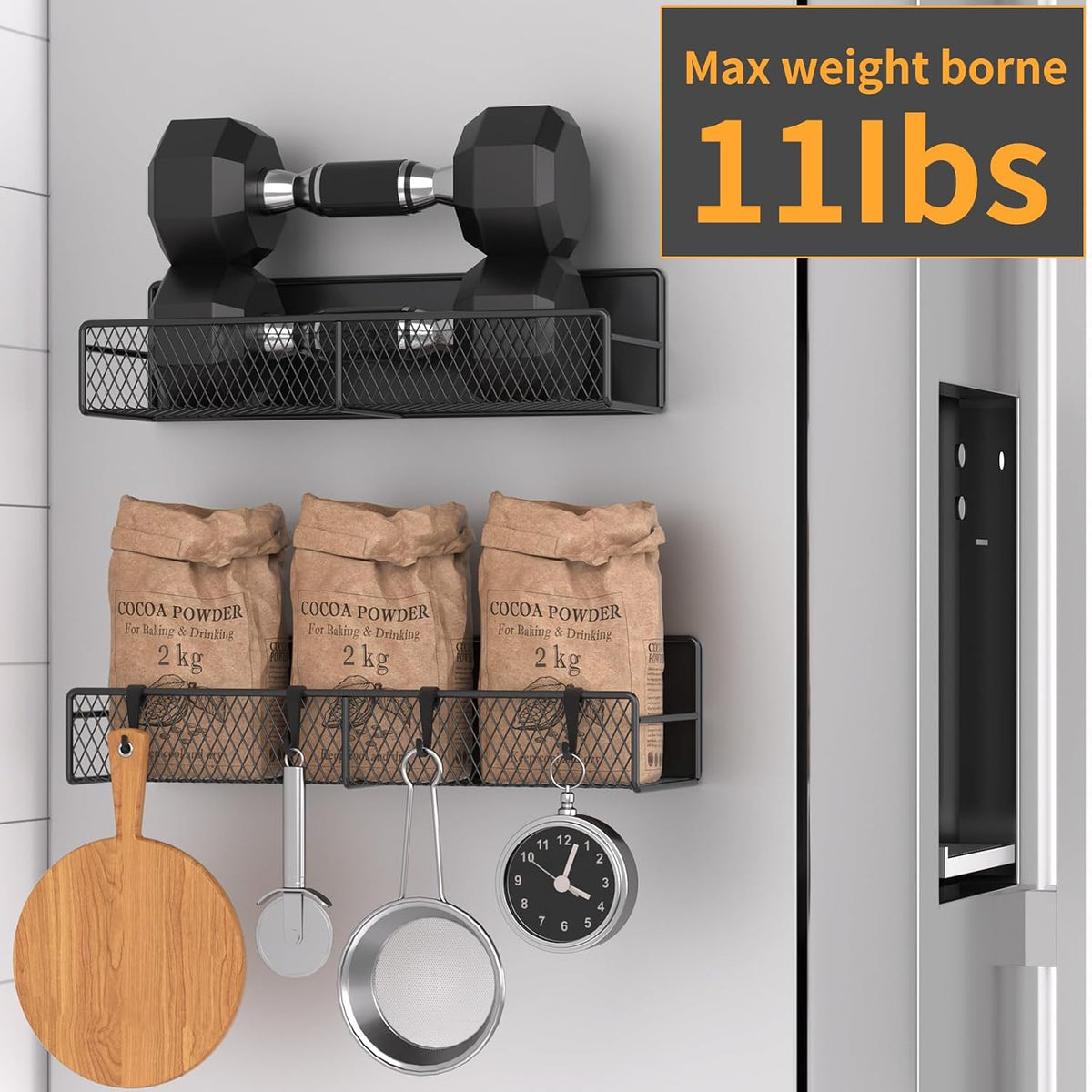 Magnetic Spice Rack for Refrigerator, Metal Magnetic Shelf Black, Moveable Spice Organizer with Hooks, Super Magnetic Fridge Shelf for Kitchen Organization and Storage