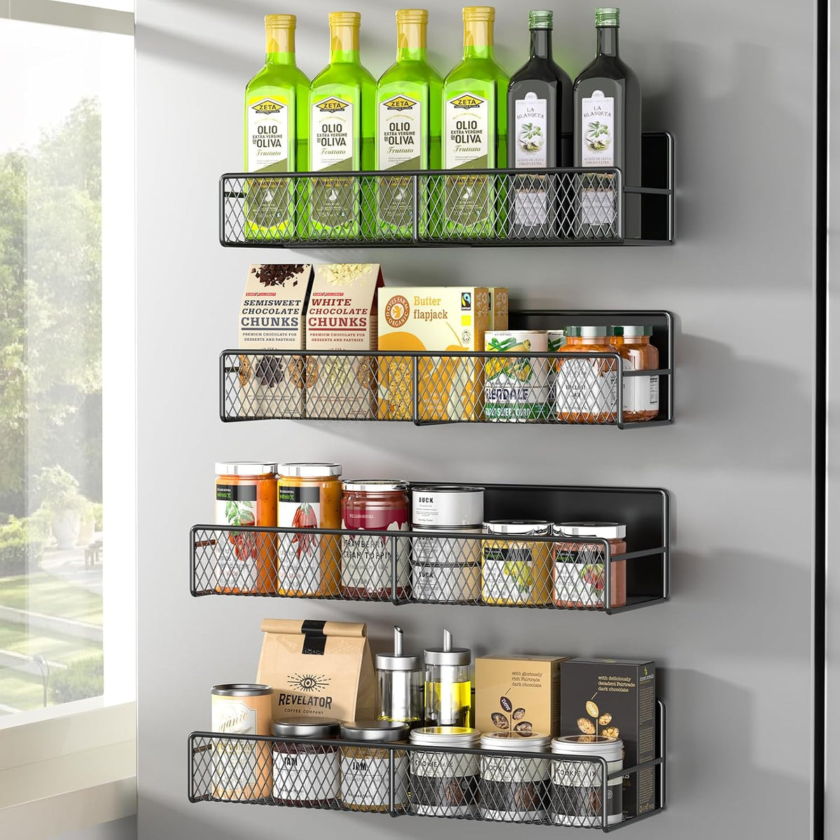 Magnetic Spice Rack for Refrigerator, Metal Magnetic Shelf Black, Moveable Spice Organizer with Hooks, Super Magnetic Fridge Shelf for Kitchen Organization and Storage
