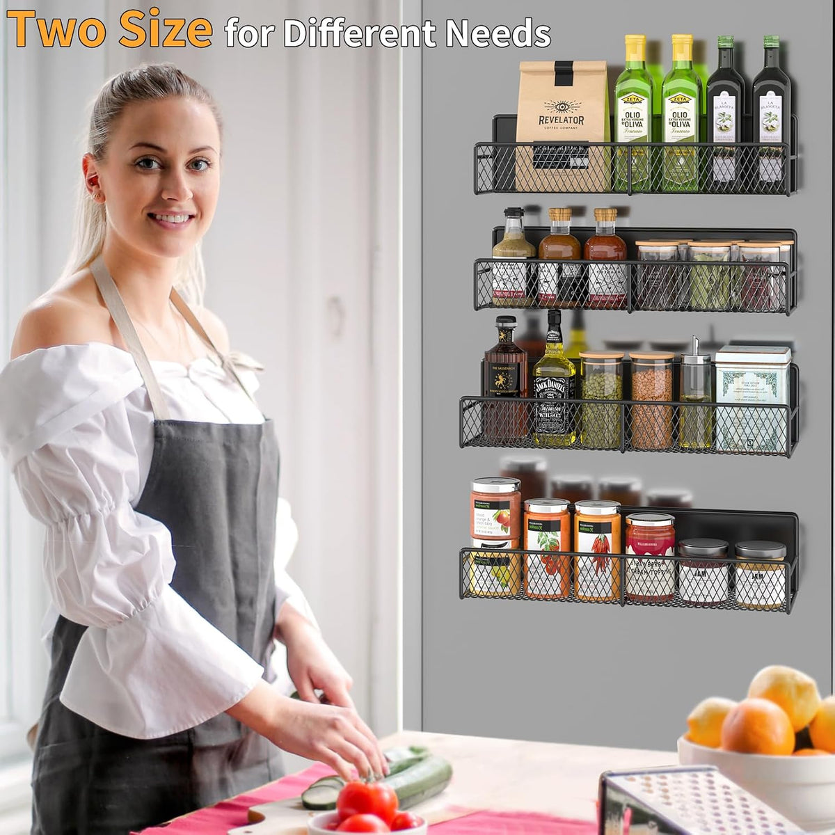Magnetic Spice Rack for Refrigerator, Metal Magnetic Shelf Black, Moveable Spice Organizer with Hooks, Super Magnetic Fridge Shelf for Kitchen Organization and Storage