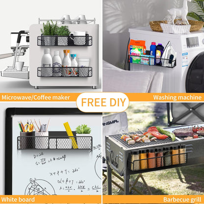 Magnetic Spice Rack for Refrigerator, Metal Magnetic Shelf Black, Moveable Spice Organizer with Hooks, Super Magnetic Fridge Shelf for Kitchen Organization and Storage