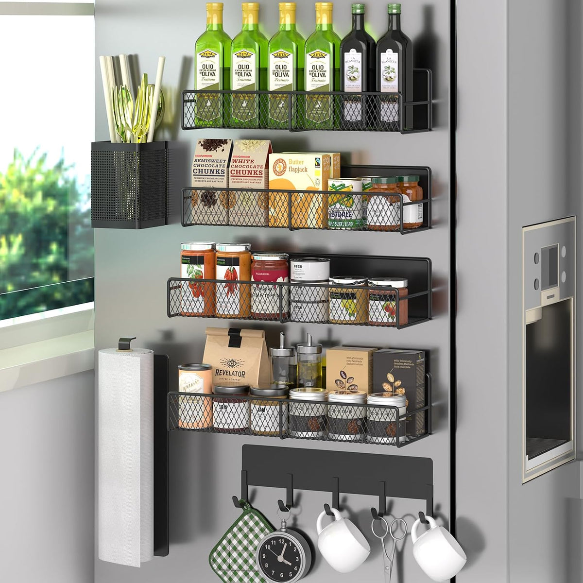 Magnetic Spice Rack for Refrigerator, Metal Magnetic Shelf Black, Moveable Spice Organizer with Hooks, Super Magnetic Fridge Shelf for Kitchen Organization and Storage