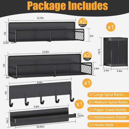 Magnetic Spice Rack for Refrigerator, Metal Magnetic Shelf Black, Moveable Spice Organizer with Hooks, Super Magnetic Fridge Shelf for Kitchen Organization and Storage