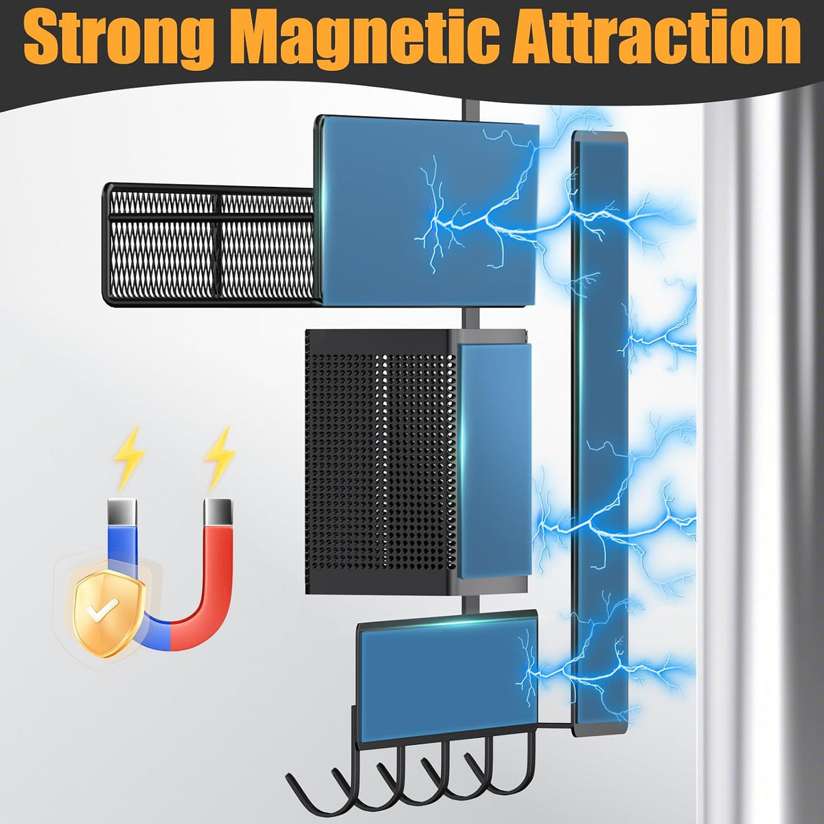 Magnetic Spice Rack for Refrigerator, Metal Magnetic Shelf Black, Moveable Spice Organizer with Hooks, Super Magnetic Fridge Shelf for Kitchen Organization and Storage