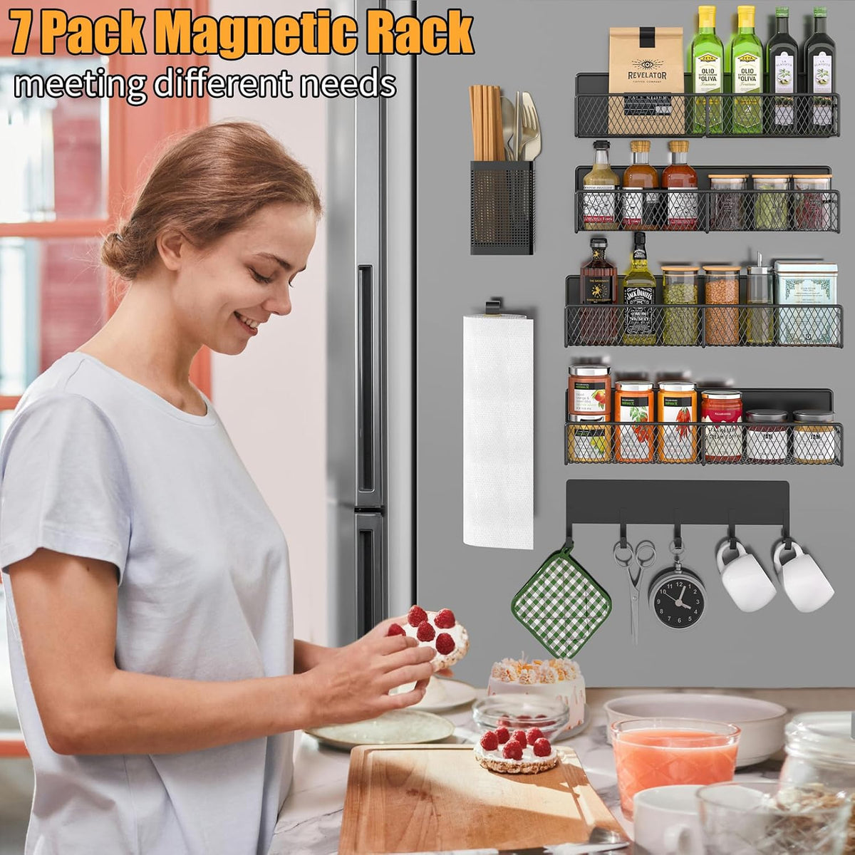 Magnetic Spice Rack for Refrigerator, Metal Magnetic Shelf Black, Moveable Spice Organizer with Hooks, Super Magnetic Fridge Shelf for Kitchen Organization and Storage