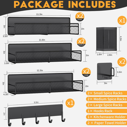 Magnetic Spice Rack for Refrigerator, Metal Magnetic Shelf Black, Moveable Spice Organizer with Hooks, Super Magnetic Fridge Shelf for Kitchen Organization and Storage