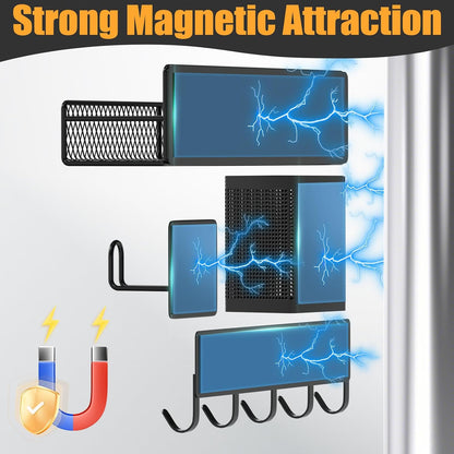 Magnetic Spice Rack for Refrigerator, Metal Magnetic Shelf Black, Moveable Spice Organizer with Hooks, Super Magnetic Fridge Shelf for Kitchen Organization and Storage