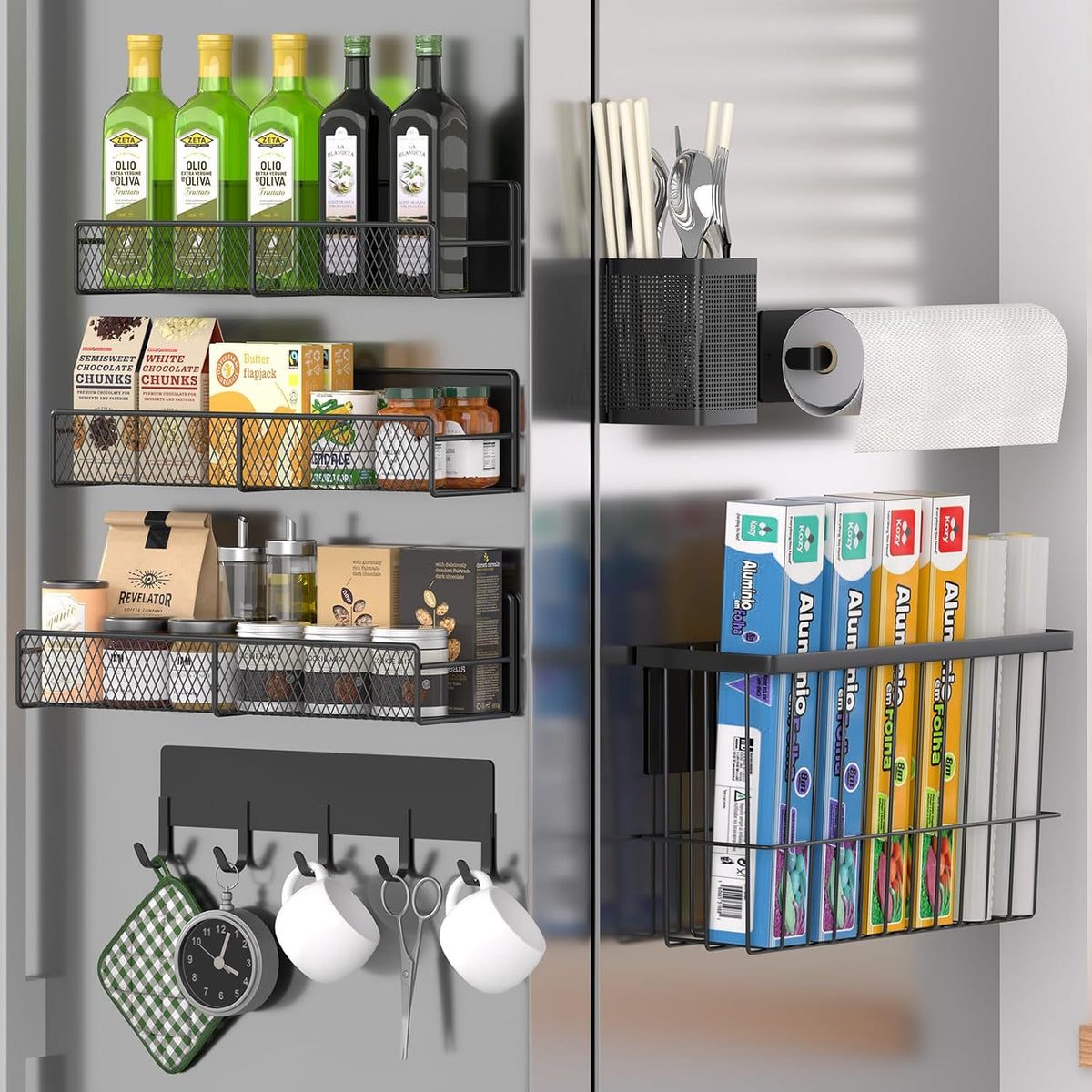 Magnetic Spice Rack for Refrigerator, Metal Magnetic Shelf Black, Moveable Spice Organizer with Hooks, Super Magnetic Fridge Shelf for Kitchen Organization and Storage