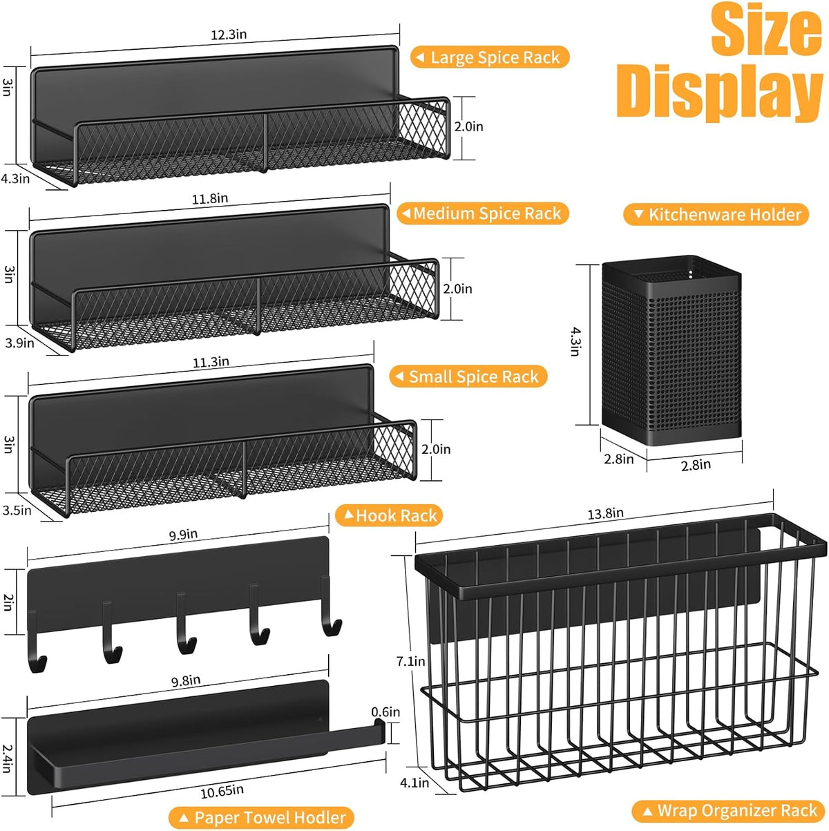 Magnetic Spice Rack for Refrigerator, Metal Magnetic Shelf Black, Moveable Spice Organizer with Hooks, Super Magnetic Fridge Shelf for Kitchen Organization and Storage