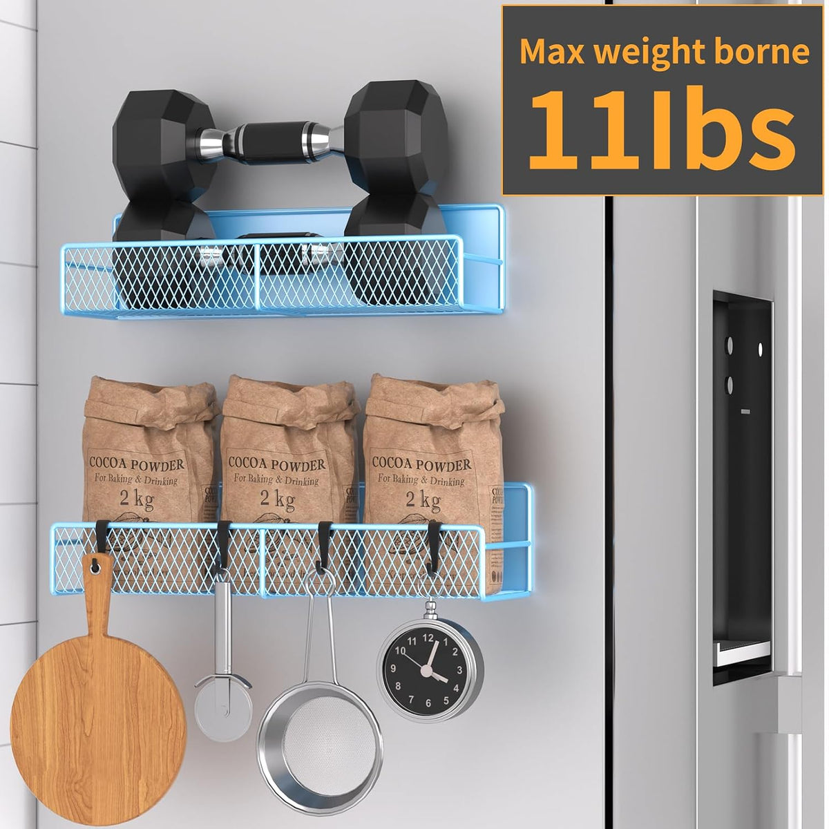 Magnetic Spice Rack for Refrigerator, Metal Magnetic Shelf Black, Moveable Spice Organizer with Hooks, Super Magnetic Fridge Shelf for Kitchen Organization and Storage