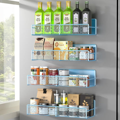 Magnetic Spice Rack for Refrigerator, Metal Magnetic Shelf Black, Moveable Spice Organizer with Hooks, Super Magnetic Fridge Shelf for Kitchen Organization and Storage