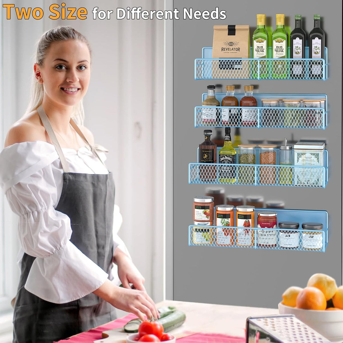 Magnetic Spice Rack for Refrigerator, Metal Magnetic Shelf Black, Moveable Spice Organizer with Hooks, Super Magnetic Fridge Shelf for Kitchen Organization and Storage