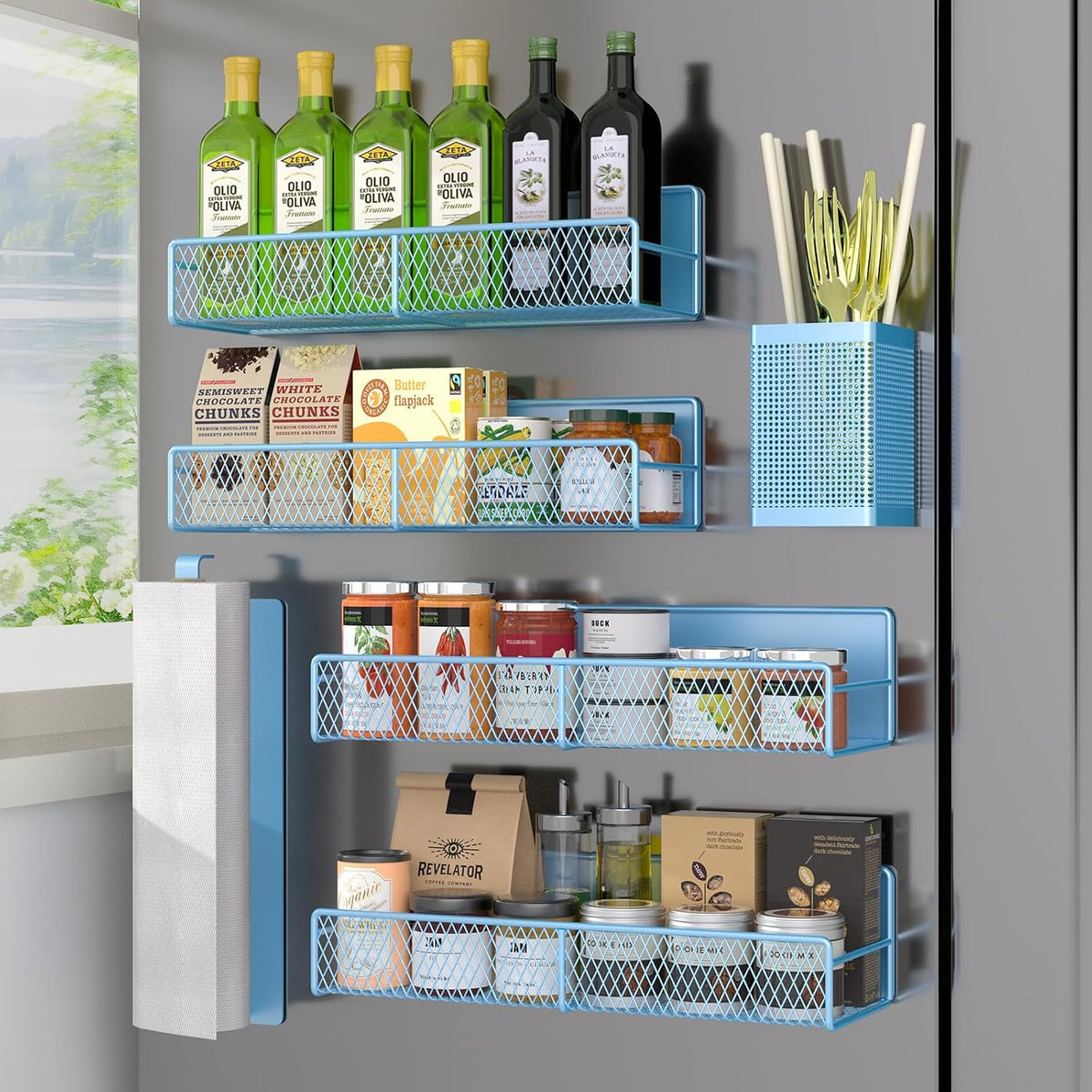 Magnetic Spice Rack for Refrigerator, Metal Magnetic Shelf Black, Moveable Spice Organizer with Hooks, Super Magnetic Fridge Shelf for Kitchen Organization and Storage