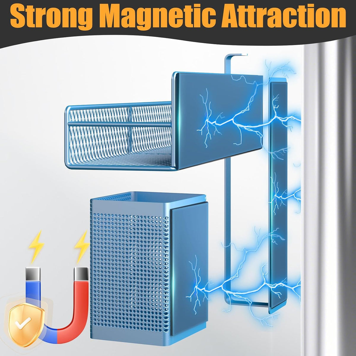 Magnetic Spice Rack for Refrigerator, Metal Magnetic Shelf Black, Moveable Spice Organizer with Hooks, Super Magnetic Fridge Shelf for Kitchen Organization and Storage