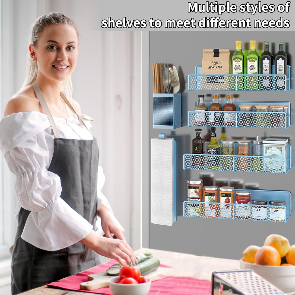Magnetic Spice Rack for Refrigerator, Metal Magnetic Shelf Black, Moveable Spice Organizer with Hooks, Super Magnetic Fridge Shelf for Kitchen Organization and Storage