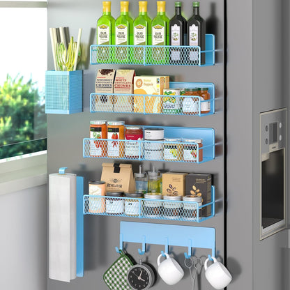 Magnetic Spice Rack for Refrigerator, Metal Magnetic Shelf Black, Moveable Spice Organizer with Hooks, Super Magnetic Fridge Shelf for Kitchen Organization and Storage