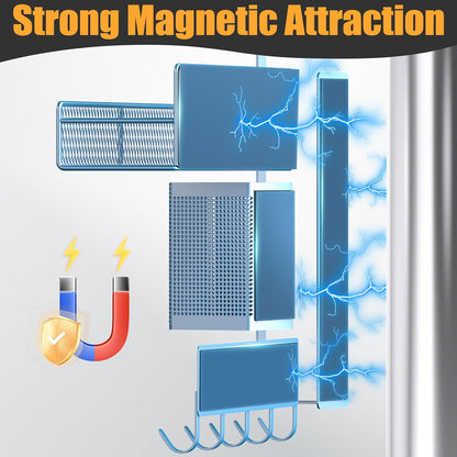 Magnetic Spice Rack for Refrigerator, Metal Magnetic Shelf Black, Moveable Spice Organizer with Hooks, Super Magnetic Fridge Shelf for Kitchen Organization and Storage