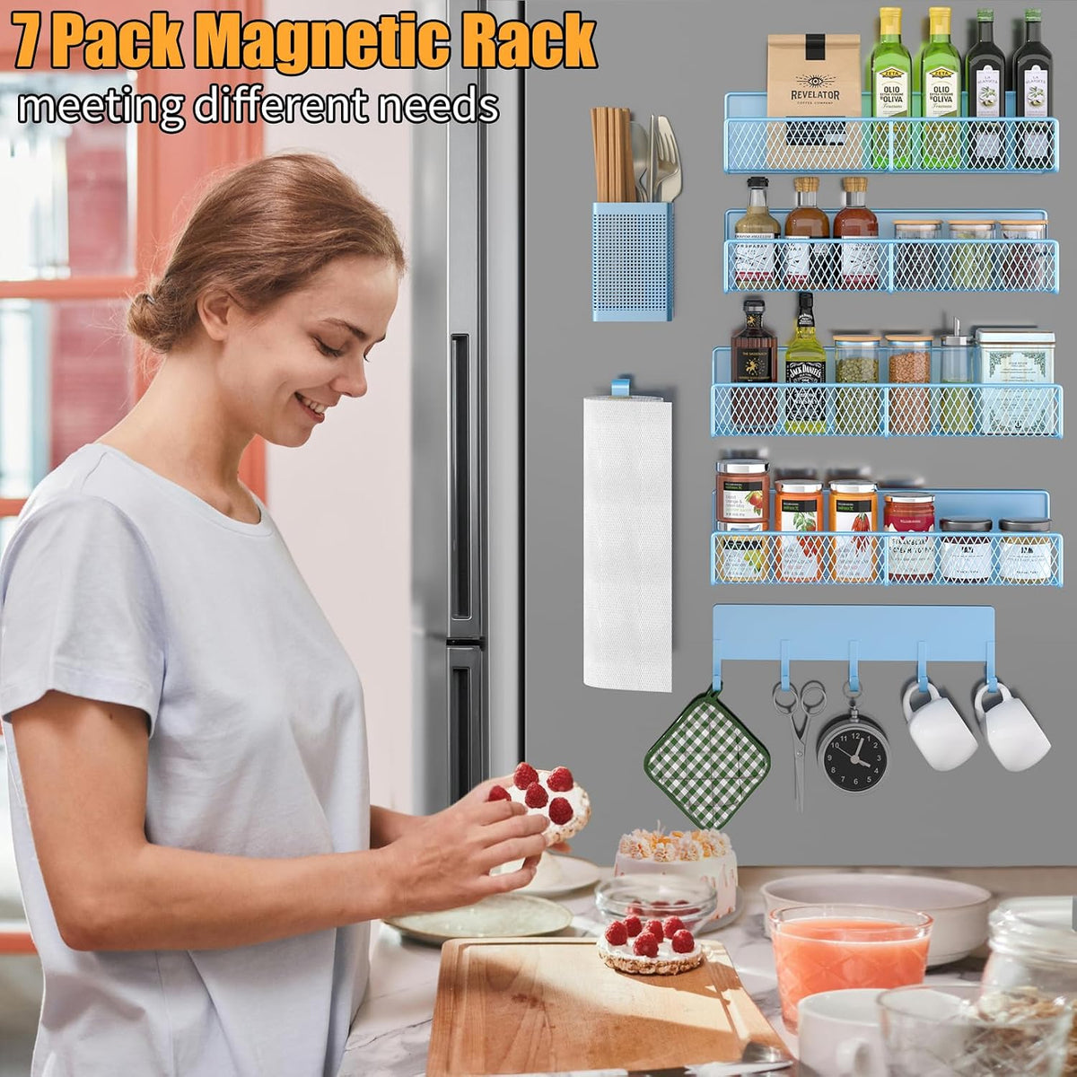 Magnetic Spice Rack for Refrigerator, Metal Magnetic Shelf Black, Moveable Spice Organizer with Hooks, Super Magnetic Fridge Shelf for Kitchen Organization and Storage