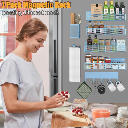 Magnetic Spice Rack for Refrigerator, Metal Magnetic Shelf Black, Moveable Spice Organizer with Hooks, Super Magnetic Fridge Shelf for Kitchen Organization and Storage