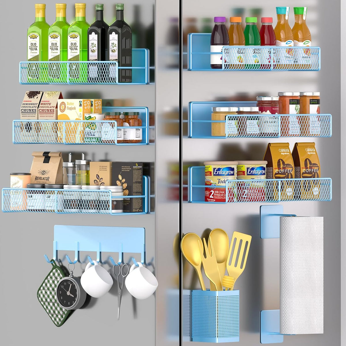 Magnetic Spice Rack for Refrigerator, Metal Magnetic Shelf Black, Moveable Spice Organizer with Hooks, Super Magnetic Fridge Shelf for Kitchen Organization and Storage
