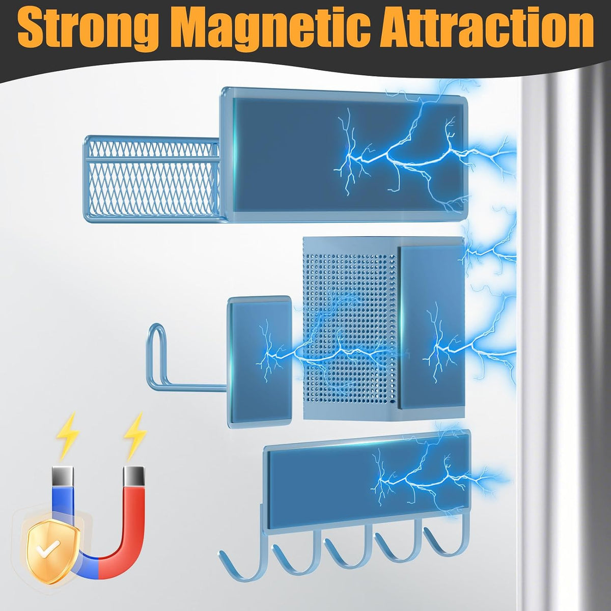 Magnetic Spice Rack for Refrigerator, Metal Magnetic Shelf Black, Moveable Spice Organizer with Hooks, Super Magnetic Fridge Shelf for Kitchen Organization and Storage