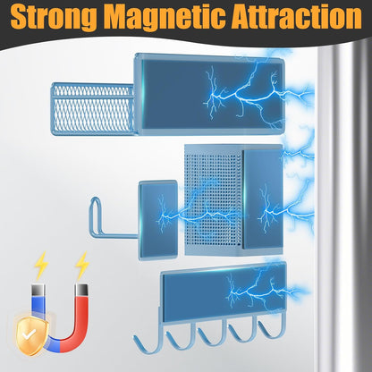 Magnetic Spice Rack for Refrigerator, Metal Magnetic Shelf Black, Moveable Spice Organizer with Hooks, Super Magnetic Fridge Shelf for Kitchen Organization and Storage