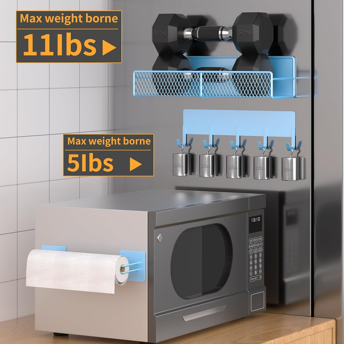 Magnetic Spice Rack for Refrigerator, Metal Magnetic Shelf Black, Moveable Spice Organizer with Hooks, Super Magnetic Fridge Shelf for Kitchen Organization and Storage