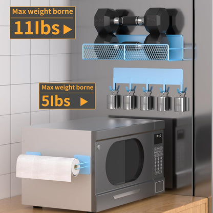 Magnetic Spice Rack for Refrigerator, Metal Magnetic Shelf Black, Moveable Spice Organizer with Hooks, Super Magnetic Fridge Shelf for Kitchen Organization and Storage