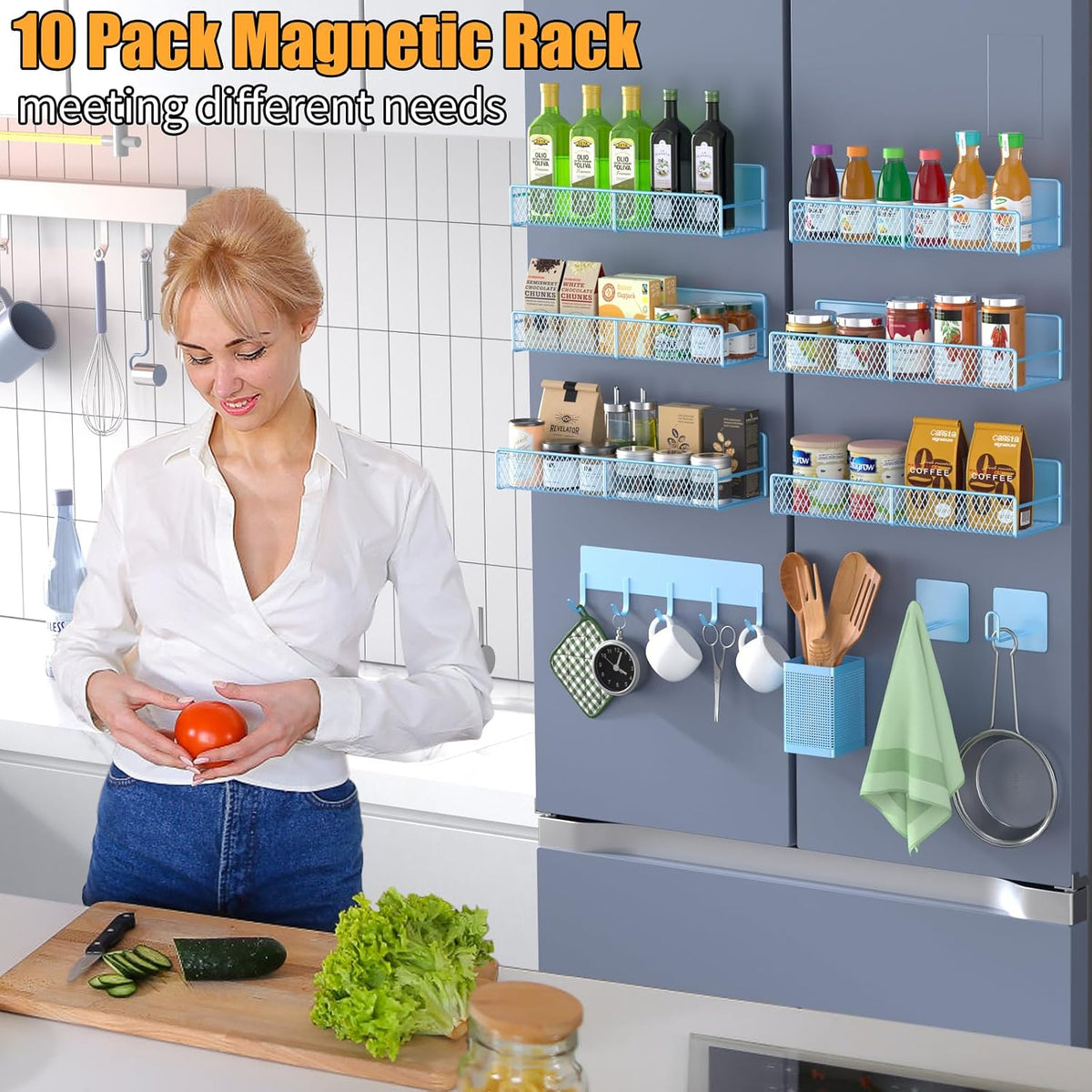 Magnetic Spice Rack for Refrigerator, Metal Magnetic Shelf Black, Moveable Spice Organizer with Hooks, Super Magnetic Fridge Shelf for Kitchen Organization and Storage