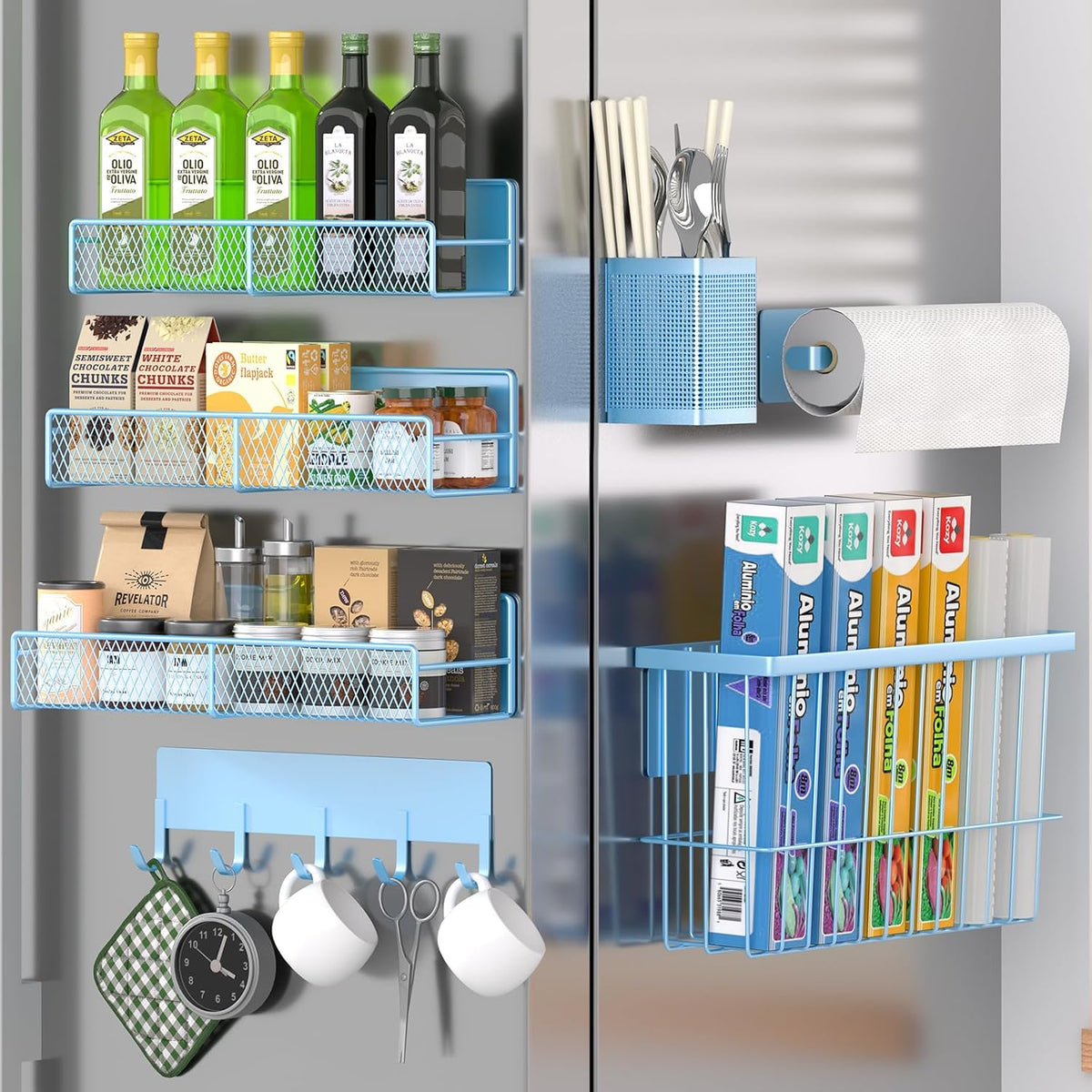 Magnetic Spice Rack for Refrigerator, Metal Magnetic Shelf Black, Moveable Spice Organizer with Hooks, Super Magnetic Fridge Shelf for Kitchen Organization and Storage