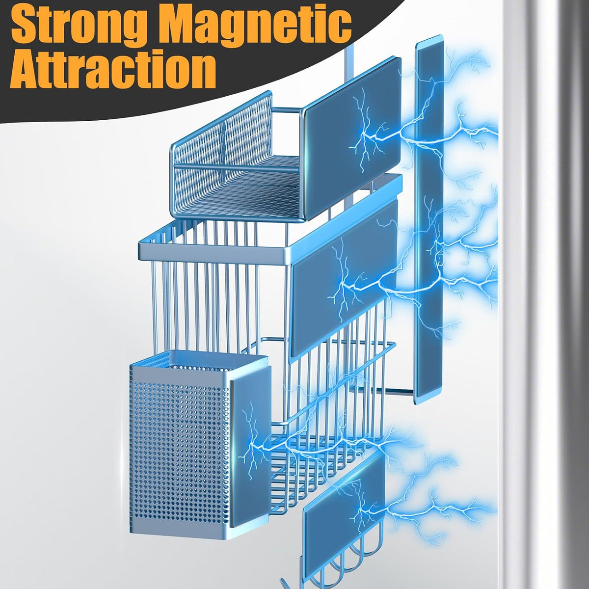Magnetic Spice Rack for Refrigerator, Metal Magnetic Shelf Black, Moveable Spice Organizer with Hooks, Super Magnetic Fridge Shelf for Kitchen Organization and Storage