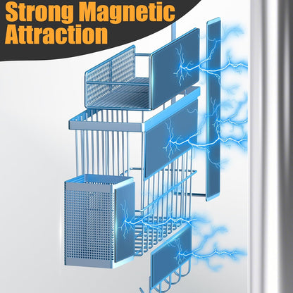 Magnetic Spice Rack for Refrigerator, Metal Magnetic Shelf Black, Moveable Spice Organizer with Hooks, Super Magnetic Fridge Shelf for Kitchen Organization and Storage