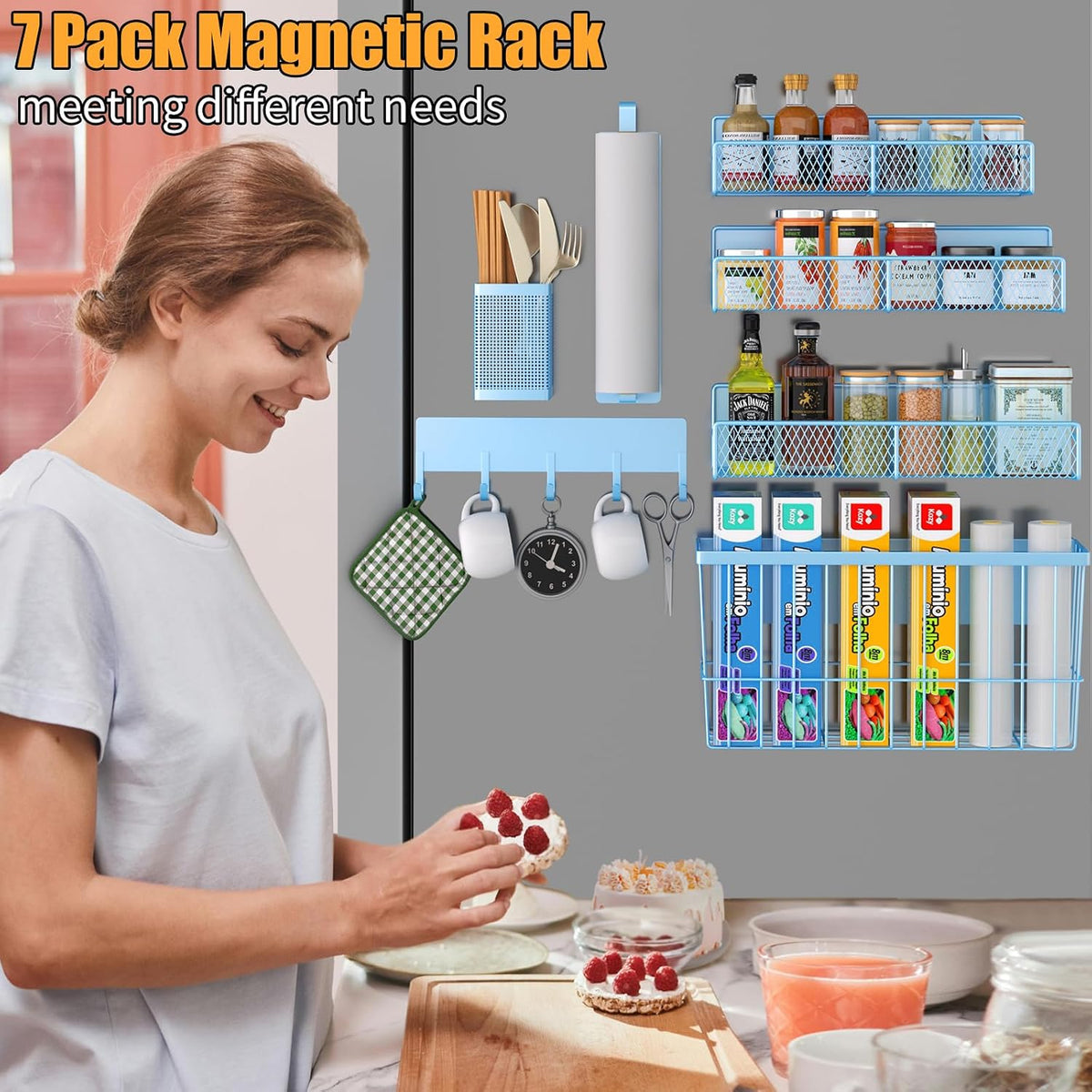 Magnetic Spice Rack for Refrigerator, Metal Magnetic Shelf Black, Moveable Spice Organizer with Hooks, Super Magnetic Fridge Shelf for Kitchen Organization and Storage