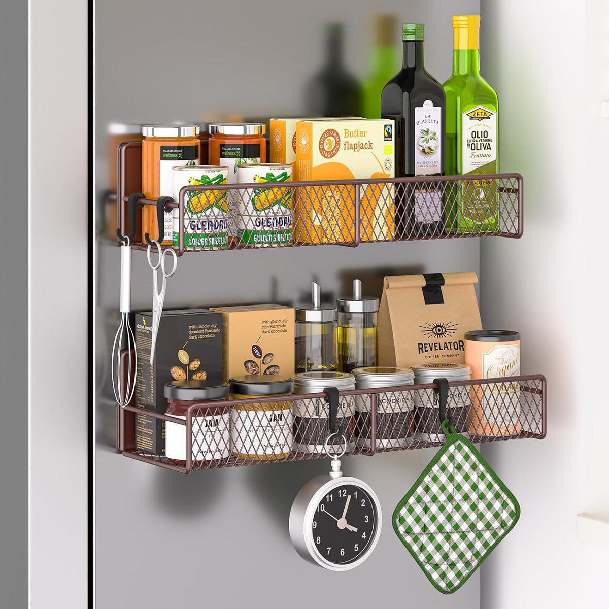Magnetic Spice Rack for Refrigerator, Metal Magnetic Shelf Black, Moveable Spice Organizer with Hooks, Super Magnetic Fridge Shelf for Kitchen Organization and Storage