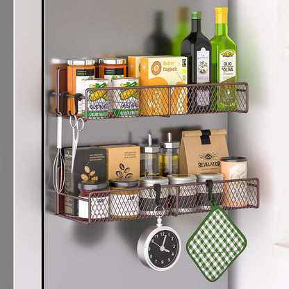 Magnetic Spice Rack for Refrigerator, Metal Magnetic Shelf Black, Moveable Spice Organizer with Hooks, Super Magnetic Fridge Shelf for Kitchen Organization and Storage