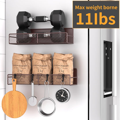 Magnetic Spice Rack for Refrigerator, Metal Magnetic Shelf Black, Moveable Spice Organizer with Hooks, Super Magnetic Fridge Shelf for Kitchen Organization and Storage