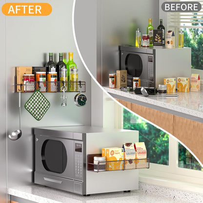 Magnetic Spice Rack for Refrigerator, Metal Magnetic Shelf Black, Moveable Spice Organizer with Hooks, Super Magnetic Fridge Shelf for Kitchen Organization and Storage