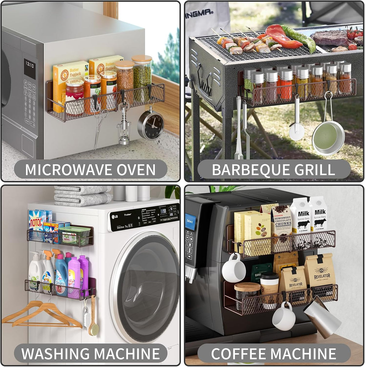 Magnetic Spice Rack for Refrigerator, Metal Magnetic Shelf Black, Moveable Spice Organizer with Hooks, Super Magnetic Fridge Shelf for Kitchen Organization and Storage