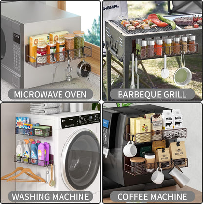 Magnetic Spice Rack for Refrigerator, Metal Magnetic Shelf Black, Moveable Spice Organizer with Hooks, Super Magnetic Fridge Shelf for Kitchen Organization and Storage