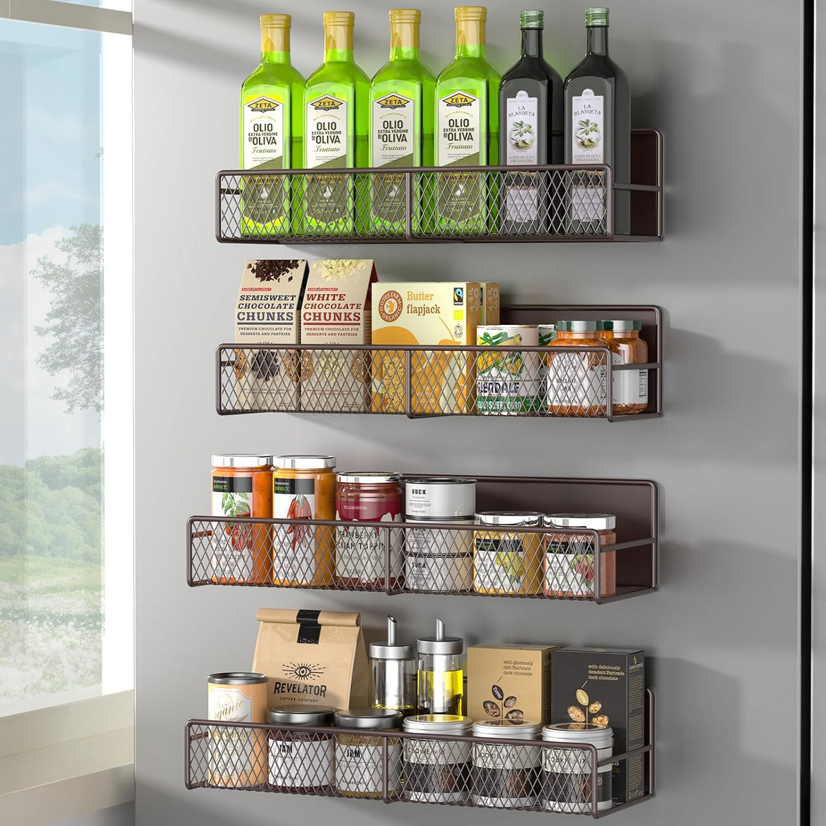 Magnetic Spice Rack for Refrigerator, Metal Magnetic Shelf Black, Moveable Spice Organizer with Hooks, Super Magnetic Fridge Shelf for Kitchen Organization and Storage
