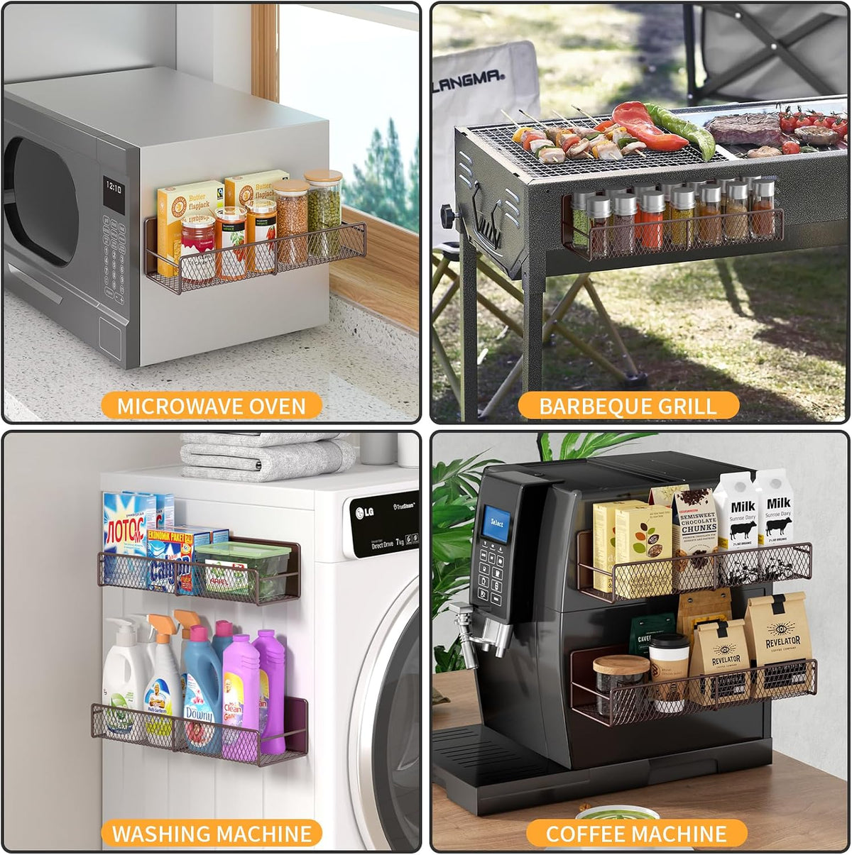 Magnetic Spice Rack for Refrigerator, Metal Magnetic Shelf Black, Moveable Spice Organizer with Hooks, Super Magnetic Fridge Shelf for Kitchen Organization and Storage