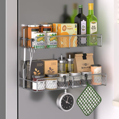 Magnetic Spice Rack for Refrigerator, Metal Magnetic Shelf Black, Moveable Spice Organizer with Hooks, Super Magnetic Fridge Shelf for Kitchen Organization and Storage