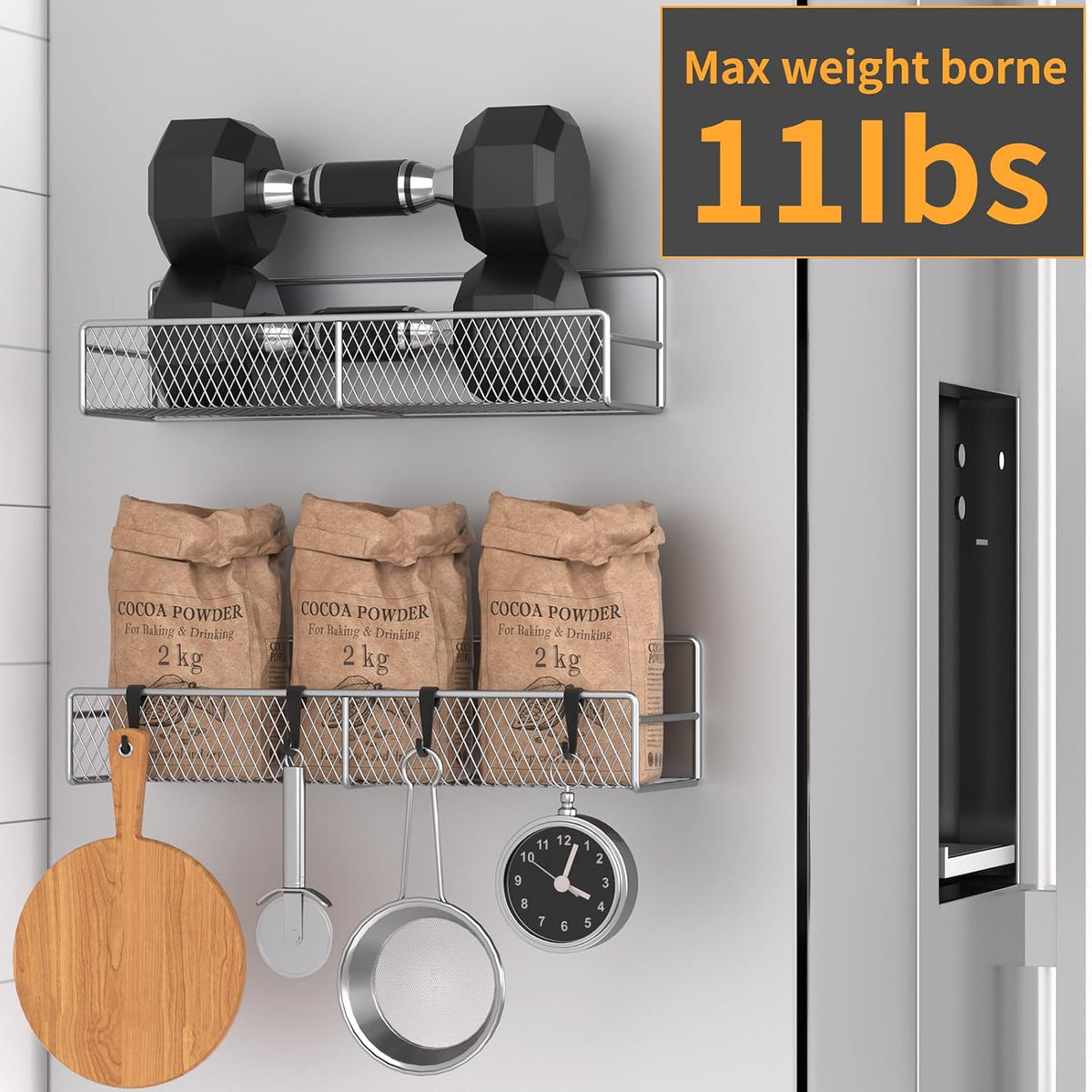 Magnetic Spice Rack for Refrigerator, Metal Magnetic Shelf Black, Moveable Spice Organizer with Hooks, Super Magnetic Fridge Shelf for Kitchen Organization and Storage