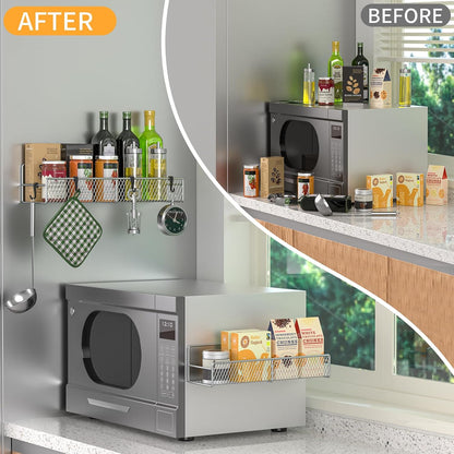 Magnetic Spice Rack for Refrigerator, Metal Magnetic Shelf Black, Moveable Spice Organizer with Hooks, Super Magnetic Fridge Shelf for Kitchen Organization and Storage