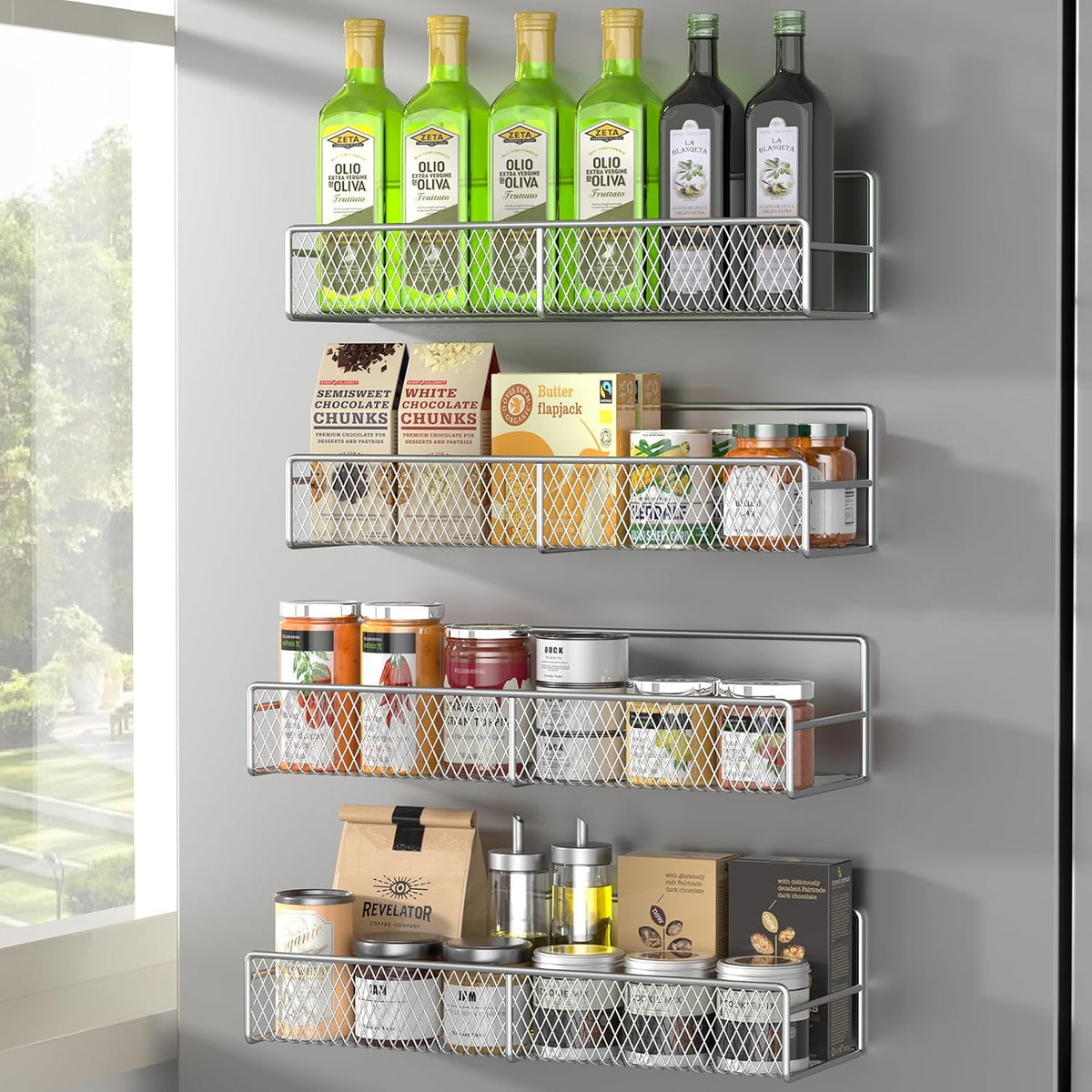 Magnetic Spice Rack for Refrigerator, Metal Magnetic Shelf Black, Moveable Spice Organizer with Hooks, Super Magnetic Fridge Shelf for Kitchen Organization and Storage