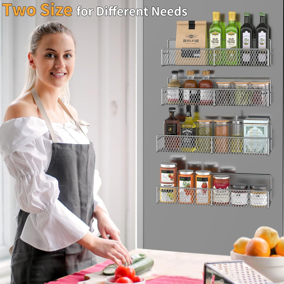 Magnetic Spice Rack for Refrigerator, Metal Magnetic Shelf Black, Moveable Spice Organizer with Hooks, Super Magnetic Fridge Shelf for Kitchen Organization and Storage
