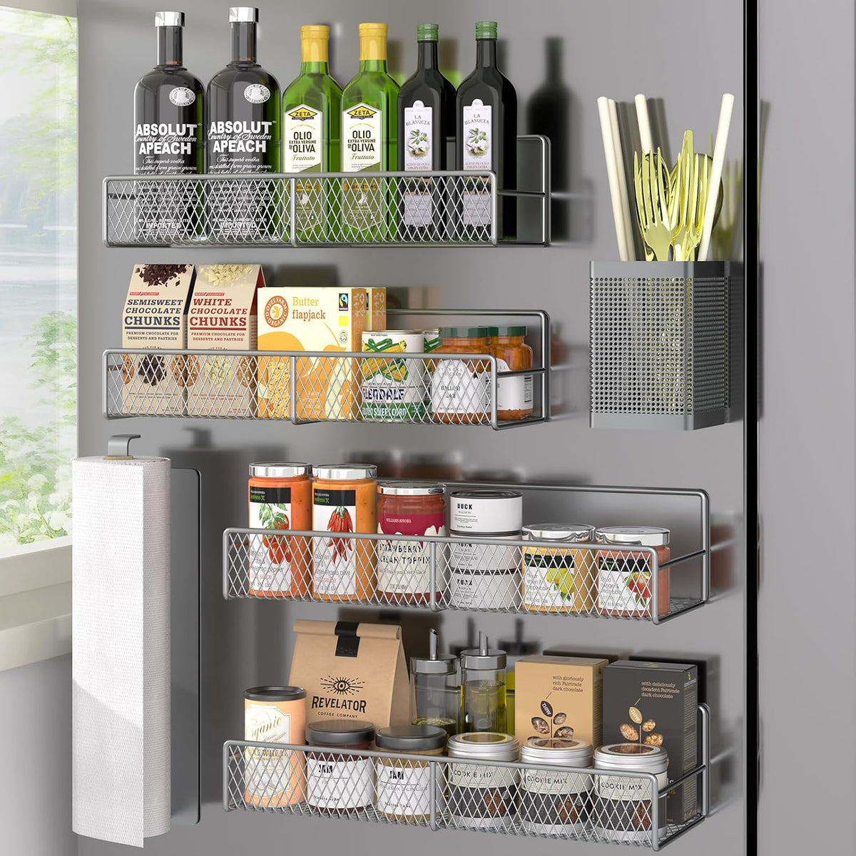 Magnetic Spice Rack for Refrigerator, Metal Magnetic Shelf Black, Moveable Spice Organizer with Hooks, Super Magnetic Fridge Shelf for Kitchen Organization and Storage