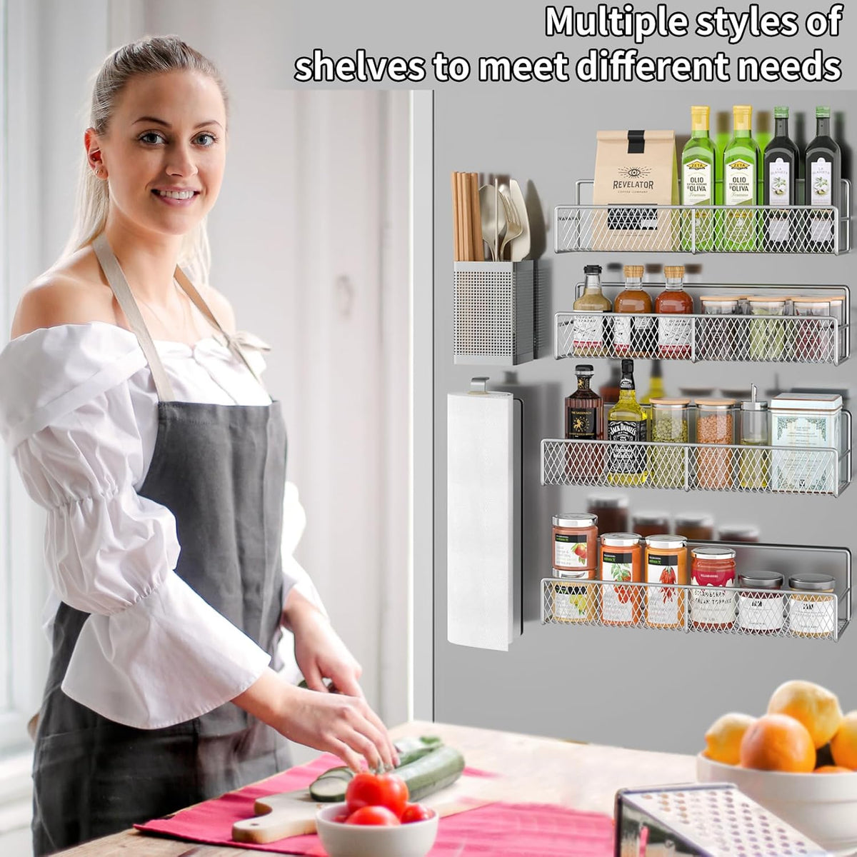 Magnetic Spice Rack for Refrigerator, Metal Magnetic Shelf Black, Moveable Spice Organizer with Hooks, Super Magnetic Fridge Shelf for Kitchen Organization and Storage
