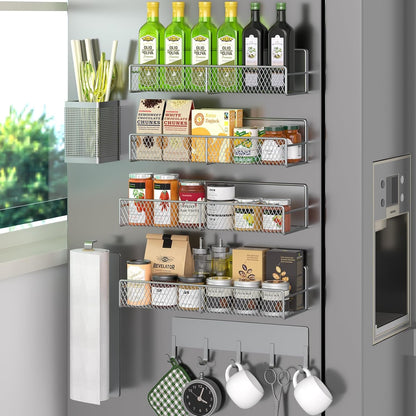 Magnetic Spice Rack for Refrigerator, Metal Magnetic Shelf Black, Moveable Spice Organizer with Hooks, Super Magnetic Fridge Shelf for Kitchen Organization and Storage